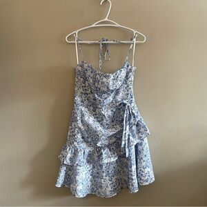 Blue White Toile Floral Halter Mini Dress Ruffle Skirt – Size Large EUC